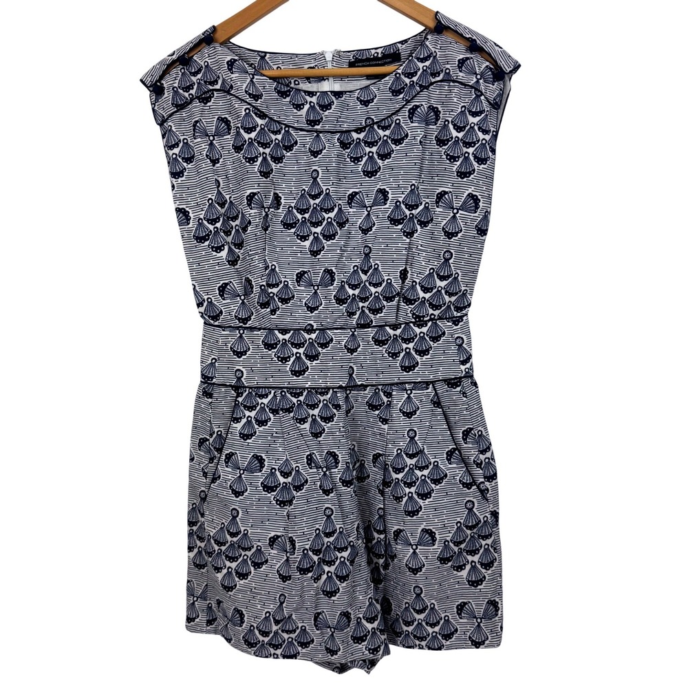 French Connection Navy White Shell Print Cotton Romper‎ Sleeveless Size 6